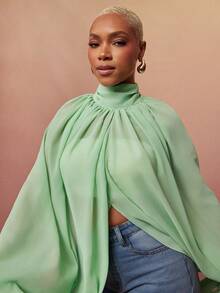 Vixey Sheer Chiffon Volume Balloon Sleeve Tie Neck Blouse - Green - View 5