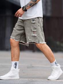 Manfinity Homme 男士春夏休闲破洞牛仔短裤纯色牛仔短裤度假宽松浅灰色牛仔短裤，适合老公、男朋友的礼物 - 淺灰色 - 查看 7