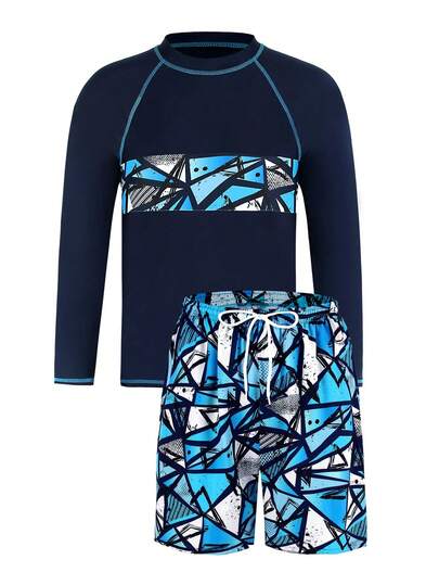 Set de 2 trajes de baño para adolescentes varones, azul marino profundo, diseño de estampado geométrico empalmado, diseño de manga larga, de moda, casual, adecuado para nadar, vacaciones de verano, playa, fiesta en la piscina