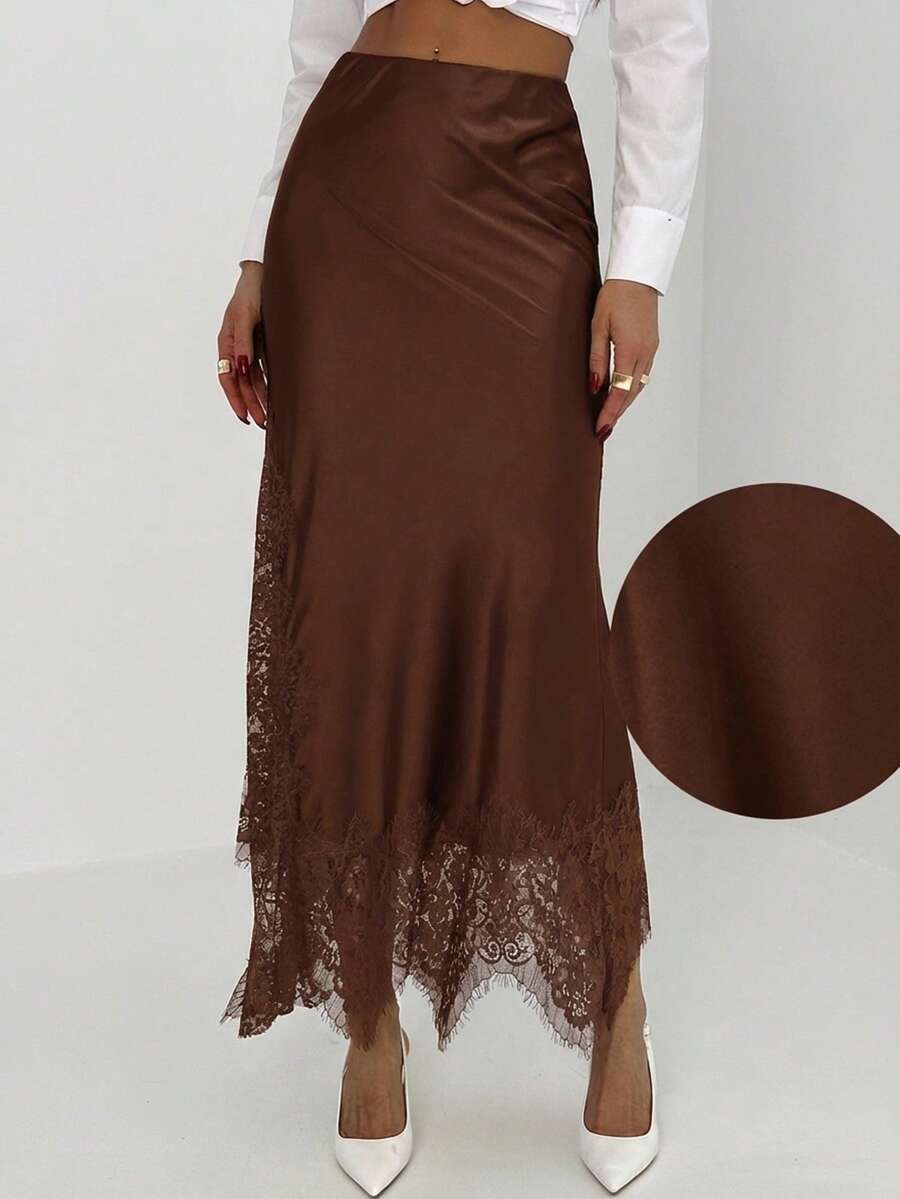 Aloruh 女士纯色极简蕾丝半身裙 - 咖啡棕 - 查看 1