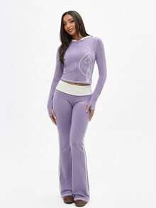 BABYPHAT Leggings acampanados de talle alto con detalles en contraste de color lavanda y ribete blanco, moda de otoño para mujeres - Lila Púrpura - Ver 5