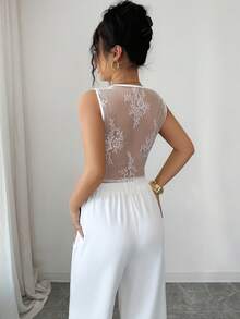 Elenzga 女士优雅通勤办公套装，白色编织撞色蕾丝无袖背心+直筒阔腿裤，女士工作服两件套优雅套装，女士商务休闲装，女士工作背心白色阔腿裤，女士正式服装工作服 - 白色 - 查看 5