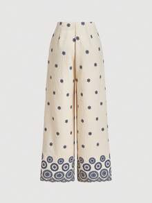 SHEIN MOD 女士休闲印花阔腿裤，夏季，外出，派对装扮，度假装扮，复古，乡村风装扮，教师装扮，约会，野餐，可爱，职场装扮，西部风，乡村风，音乐节装扮，复古，波西米亚风，女士刺绣阔腿裤，抽绳腰带休闲夏季长裤，波西米亚风长裤，阔腿夏季长裤，印花长裤，节日装扮，休闲 - 杏色 - 查看 4