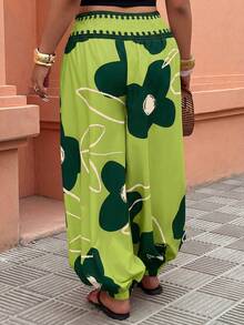 SHEIN LUNE Quần ống loe cạp chun dành cho nữ cỡ lớn, quần dài thoải mái cho kỳ nghỉ, họa tiết hoa thời trang, thích hợp cho mùa hè. - Nhiều màu - Xem 2