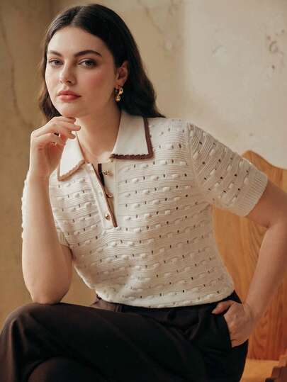 Anewsta 优雅的法式春夏风格针织衫，镂空金色纽扣，休闲商务风，大码