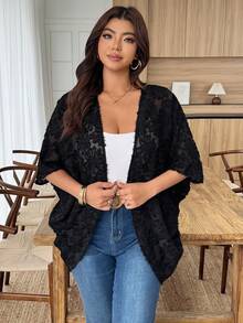Weeklong Plus Size Women's Elegant Commuter Casual Batwing Sleeve Layered Jacquard Loose Cardigan Outwear, Spring/Summer - Black - View 5