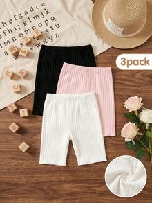 Conjunto de 3 calças curtas infantis femininas, estilo Y2K, básicas e casuais, em malha canelada, nas cores preto, rosa e branco, modelagem slim, elásticas e macias. Perfeitas para férias de verão, praia e primavera. - Multicolorido - Ver 9
