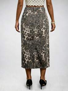 SHEIN ICON 女士豹纹开衩牛仔裙 - 彩色 - 查看 2