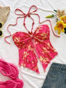 Soleia Áo tank top nữ in hoa, cổ yếm, hở lưng, kiểu dáng thường ngày. - Màu Hồng Tươi - Xem 1