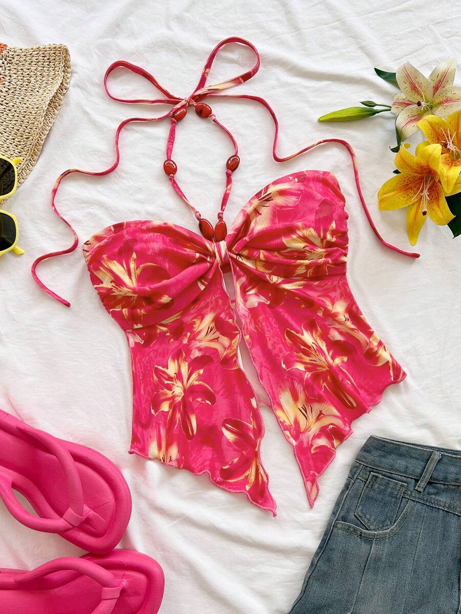 Soleia Áo tank top nữ in hoa, cổ yếm, hở lưng, kiểu dáng thường ngày. - Màu Hồng Tươi - Xem 1