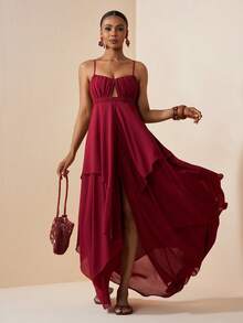 Zivah 2026春夏新品，适合情人节、音乐节、复活节、西部风、游牧风、波西米亚风、纳什维尔风格派对、婚礼、正式活动、约会、聚会、生日、大学、学生、日常穿着、百搭基础款、休闲、度假、邮轮旅行、海滩、日光浴、潮流、优雅、通勤、商务休闲等场合。款式包括无袖、前褶、镂空、多层不规则荷叶边下摆、高开衩、修身A字长裙、酒红色连衣裙、春夏连衣裙、派对连衣裙、性感连衣裙、女士连衣裙。 - 酒紅色 - 查看 6