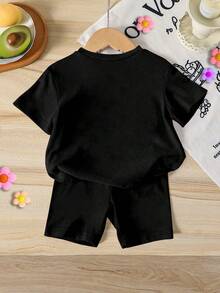 SHEIN 1 Set Baby Girls Casual Cute English Print Short Sleeve T-Shirt And Shorts Set, Summer Outfit - Multicolor - View 2
