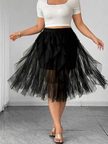 SHEIN Clasi Plus Size Women's Solid Color Asymmetric Hem Mesh Patchwork Dress, Flowing Mesh Sheer Skirt, Puff Cake Skirt, Elegant, Wedding Guest - Black - View 1