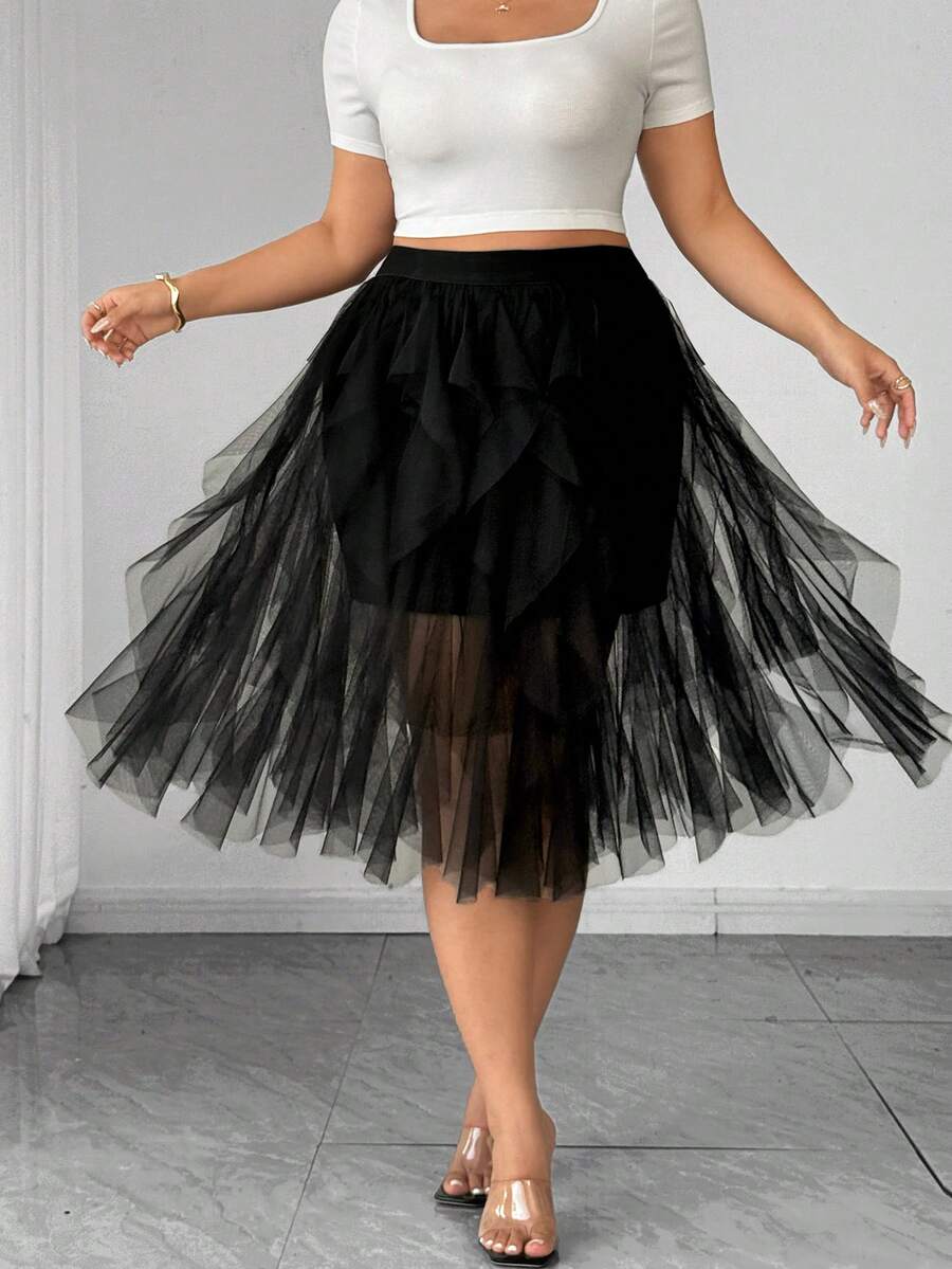 SHEIN Clasi Plus Size Women's Solid Color Asymmetric Hem Mesh Patchwork Dress, Flowing Mesh Sheer Skirt, Puff Cake Skirt, Elegant, Wedding Guest - Black - View 1