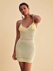 SHEIN TRVLCHIC Women's Hollow-Out 3D Floral Sleeveless Knit Vacation Dress,Suitable For Summer Vacation,Summer Dress,Summer Outfits,Summer Dresses For Women,Beach Outfits For Women,Beach Vacation Outfits For Women,Vacation Outfits Women, Casual Dresses For Women - Yellow - View 8