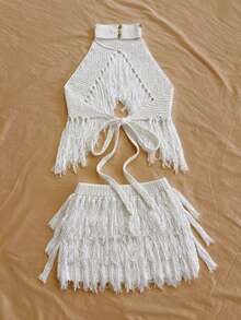 Soleia Fringe Detail Knit Top, Ibiza Style, Sexy Holiday Celebration Knit Vacation, Autumn/Winter - White - View 2