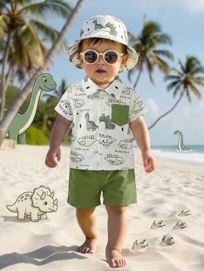 Baby Boy Letter & Cartoon Dinosaur Print Short Sleeve Shirt And Shorts Casual Outfit
