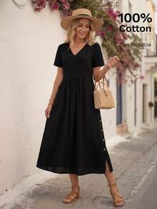 EMERY ROSE Women's Black V-Neck Short Sleeve Pocket Casual Mid-Length Dress,Vacation Long Dress, Women Vacation Dress, Women Casual Dress - Black - View 1