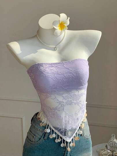 Comfortcana 女士蕾丝边流苏下摆抹胸上衣，适合夏季度假