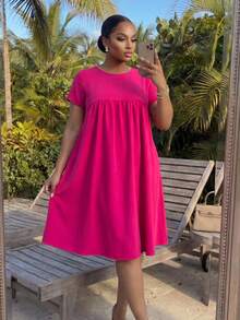 SHEIN Lady CURVE 大码纯色圆领短袖休闲连衣裙，夏季 - 玫紅色 - 查看 2