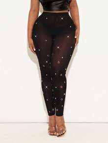 Radiana 大码女装春夏优雅华丽性感基础款手工水钻装饰网纱透视紧身裤，简约时尚，适合日常穿着、派对、舞会、游轮旅行、情人节等场合。 - 黑色 - 查看 2