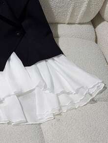 Resyla 新款时尚露背荷叶边无袖西装外套，黑白法式休闲优雅女式衬衫 - 黑色 - 查看 3