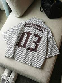 AXEPEAK 男士休闲格子字母数字印花衬衫，夏季 - 彩色 - 查看 1