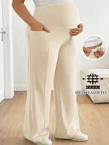 Plussiva 孕妇加大码纯色高腰带口袋休闲夏季百搭裤 - 米色 - 查看 1