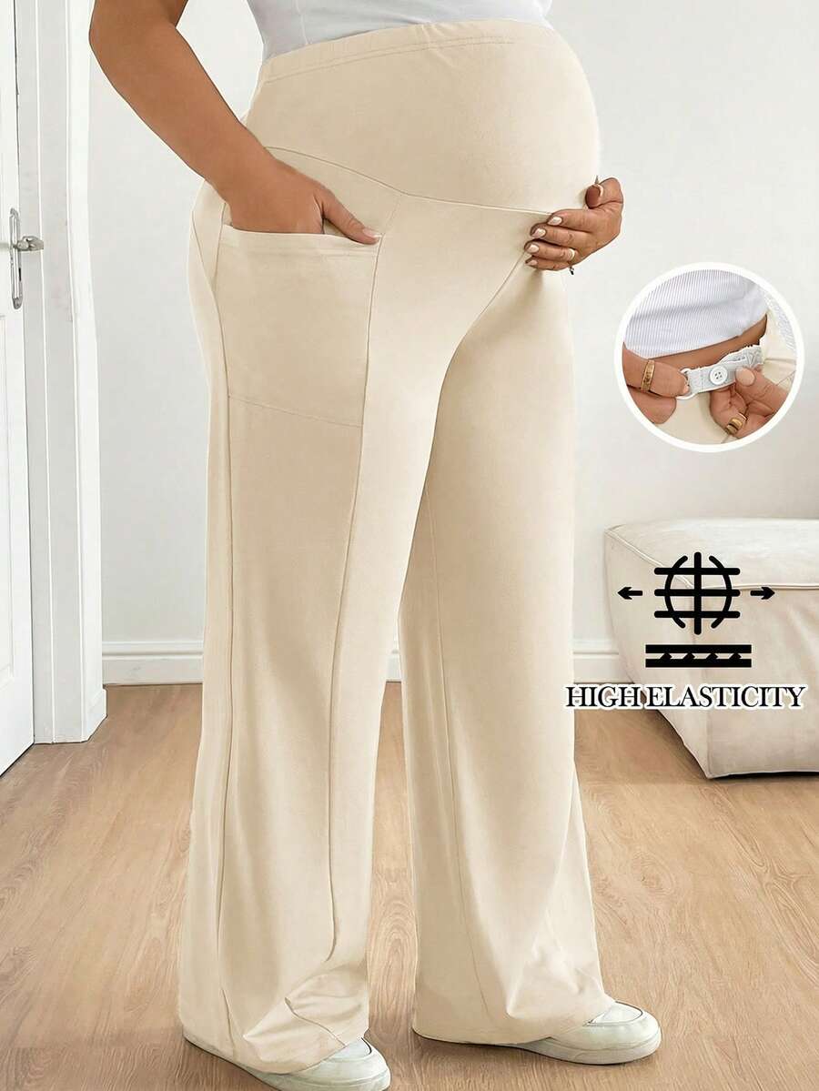 Plussiva 孕妇加大码纯色高腰带口袋休闲夏季百搭裤 - 米色 - 查看 1