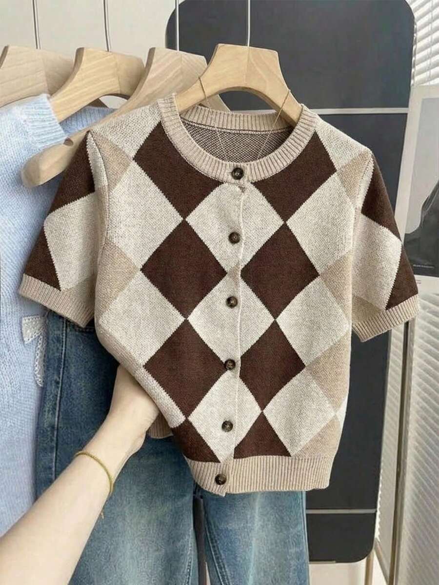 SHEIN PariChic Women's Casual Commuter Colorblock Diamond Pattern Short Sleeve Cardigan - White - View 1