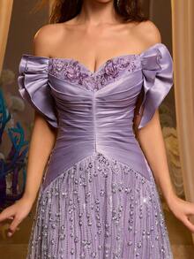 Glamrae Elegant Light Gray-Purple Luxury 3D Beaded Embroidery, Wide Strap Square Neck Bask Waist Handmade Woven Rope Belt Super Flared A-Line Skirt, Suitable For Dates, Vacations, Singles Parties, Weddings, Women's Evening Gown - Dusty Purple - View 5