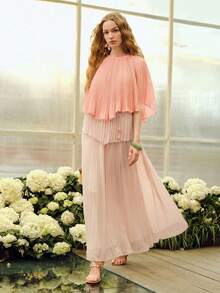 MOTF PREMIUM WOMEN'S PLEATED ROUND NECK CONTRAST COLOR ROMANTIC LONG DRESS, SPRING/SUMMER - Pink - View 4