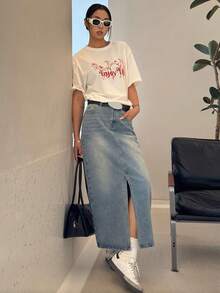 DAZY 韩版女式破洞牛仔迷你裙 - 藍色 - 查看 7