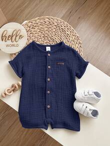 Newborn Baby Boy Cute Casual Solid Color Short Sleeve Romper & Shorts Set, Summer - Navy Blue - View 5