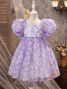 SHEIN 少女雪纺碎花方领泡泡袖蝴蝶结休闲连衣裙 - 彩色 - 查看 5