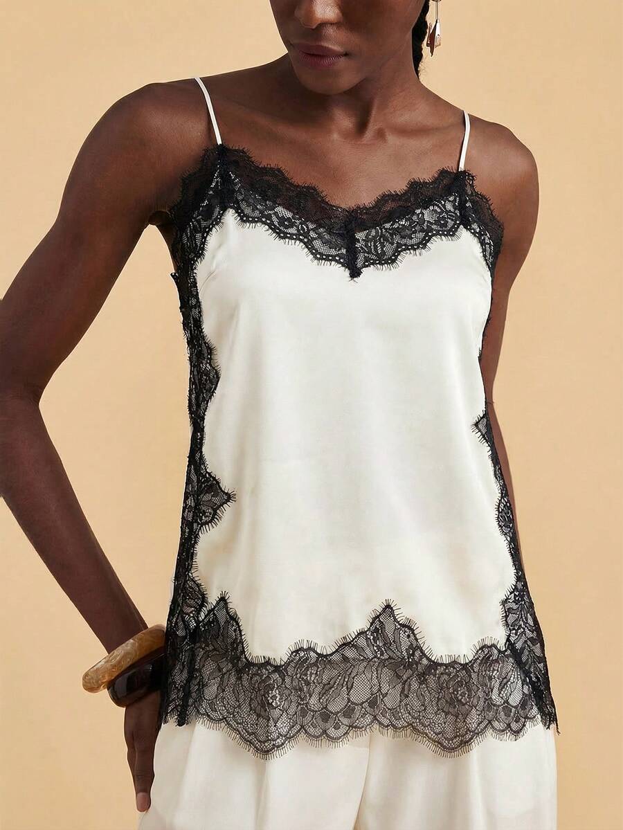 Travachic Canotta casual da donna in pizzo e patchwork - Bianco e nero - Visualizzare 1