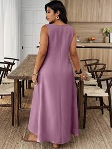 Breezaya 大码纯色V领无袖休闲度假连衣裙 - 淡紫色 - 查看 2