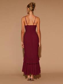 COSMINA 女士优雅荷叶边长袖圆领连衣裙，适合约会、派对等各种场合，四季皆宜。 - 酒紅色 - 查看 6