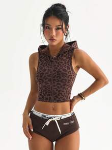 Dewbera Seamless Ribbed High Elasticity Leopard Jacquard Fitness Casual Daily Running Sports Hooded Jacket - Brown - View 6
