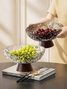 Large Capacity Fruit Plate, Living Room Party Candy Dish, Dessert Plate, Snack Plate, Reusable Faux Wood Grain Base, Drain Hole, Shockproof - Transparent White With Wood Grain Base - View 3