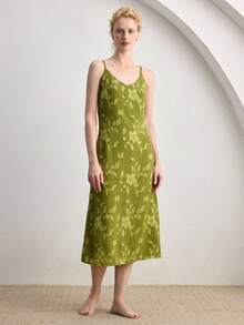 Ocili Vestido camisero minimalista con recortes de satén, cómodo y elegante camisón de otoño para mujeres - Verde - Ver 6