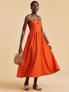 Travachic 女士撞色褶皱肩部打结设计连衣裙，热带风情，波西米亚风，西部风情，夏季连衣裙，夏季套装，女士夏季连衣裙，女士优雅连衣裙，女士度假套装，节日连衣裙，女士复活节连衣裙，沙滩连衣裙 - 橘色 - 查看 5