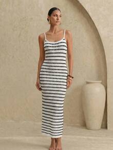 Swim Chiccia Đầm hai dây dệt kim jacquard ombre dành cho nữ, kiểu dáng Pháp cổ điển ôm sát cơ thể, thanh lịch, nhẹ nhàng, sang trọng, thích hợp cho kỳ nghỉ biển. - Đen và trắng - Xem 2