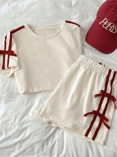 SHEIN 2件套少女条纹圆领短袖T恤和短裤套装