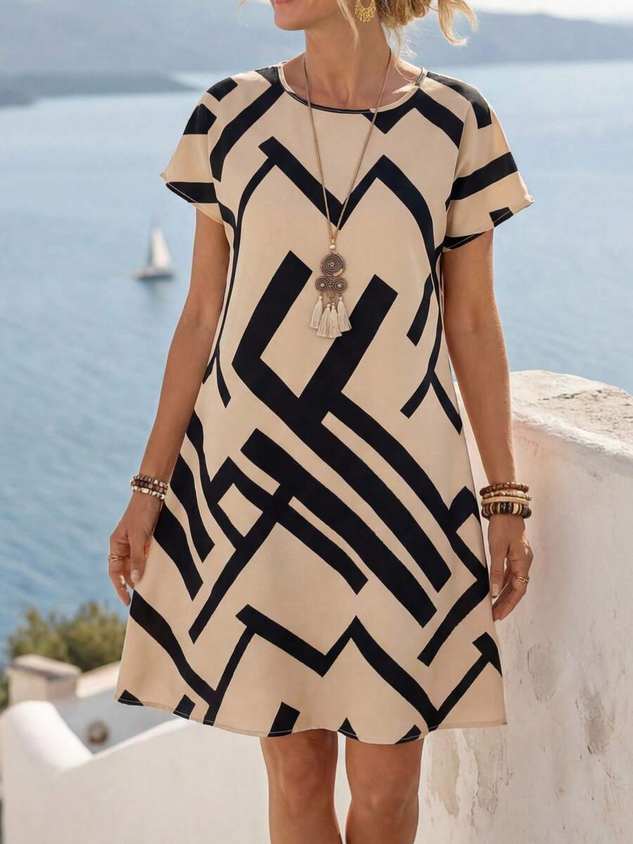 Faunlyn 女士度假休闲几何印花短款连衣裙 - 彩色 - 查看 1