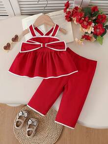2 piezas Conjunto de top de tirantes con moño y pantalones rectos para niñas, adecuado para salidas diarias, reuniones familiares, vacaciones, sesiones de fotos, fiestas, día de la niña, ropa de primera para niñas, ropa de verano para niñas - Rojo - Ver 4