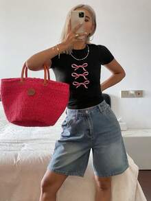 Livesso Quần short denim nữ dáng suông 5 điểm họa tiết râu mèo, kiểu dáng mùa hè. - Rửa trung bình - Xem 6