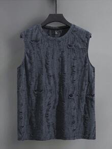 Manfinity Roughcore Camiseta de tirantes sin mangas de cuello redondo con textura desgastada y jacquard de estilo callejero para hombre, moda de vacaciones - Azul - Ver 3