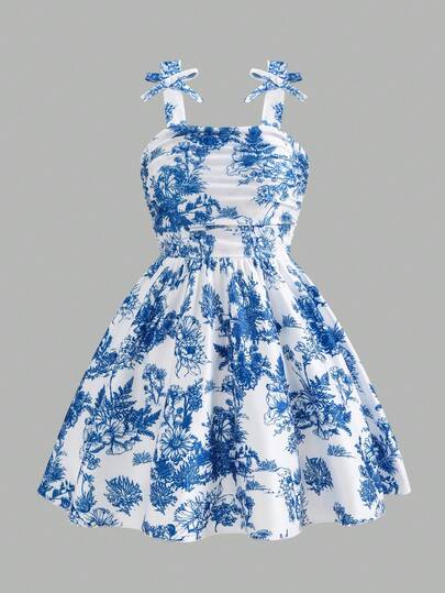 Đầm dệt kim co giãn in kỹ thuật số cho bé gái, màu xanh dương, thích hợp mặc thường ngày, đi biển, đi học, hàng mới về mùa xuân/hè.