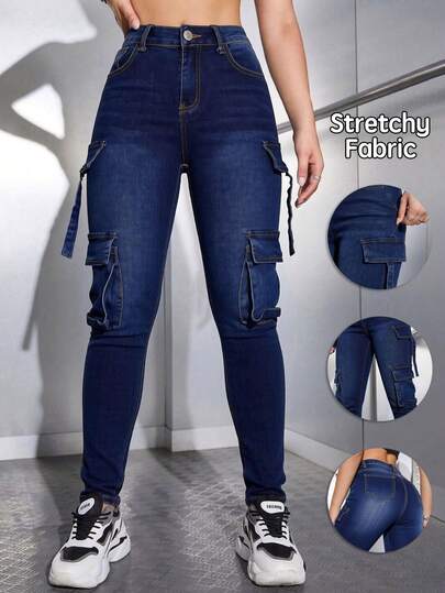 Jeans Skinny de Cargo Multicapa de Color Azul Oscuro para Mujer, Pantalones Modernos y Ajustados